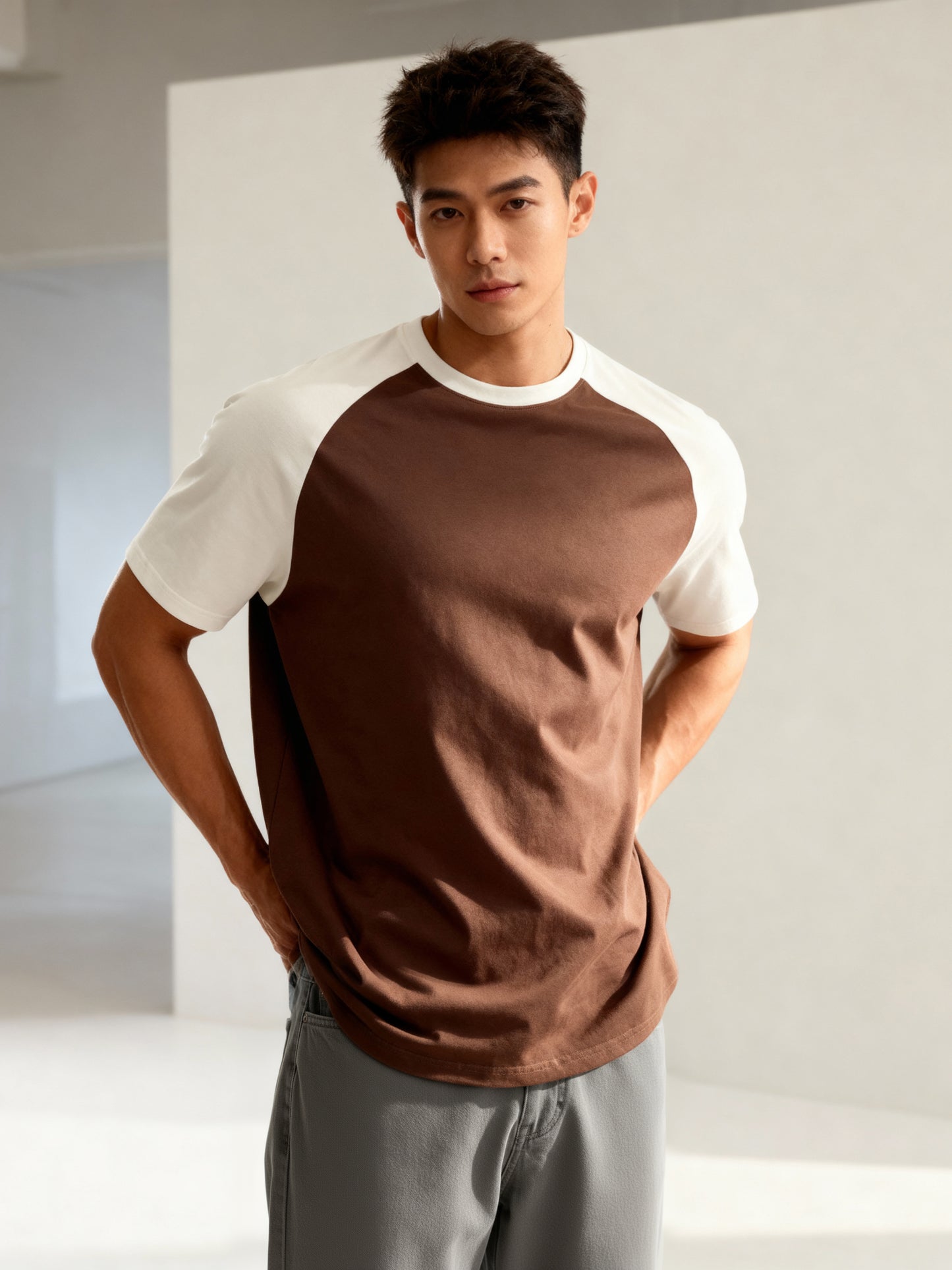 TOM MILTON Men's Brown Raglan Sleeve Round Neck T-Shirt for Men