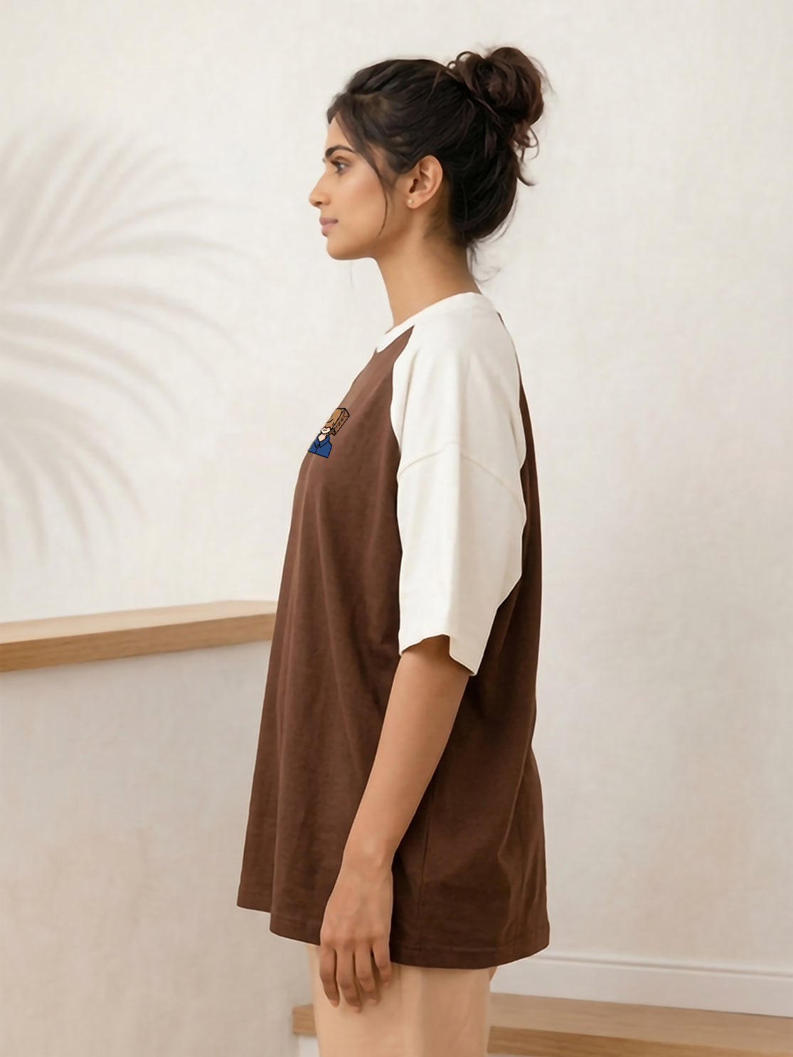 TOM MILTON Women Brown Color Raglan Half Sleeve Round Neck Oversized Tshirt