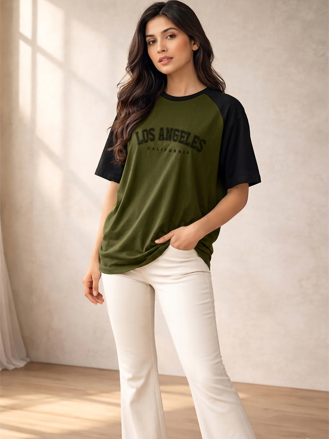 TOM MILTON Women Olive Green Color Raglan Half Sleeve Round Neck Oversized Tshirt
