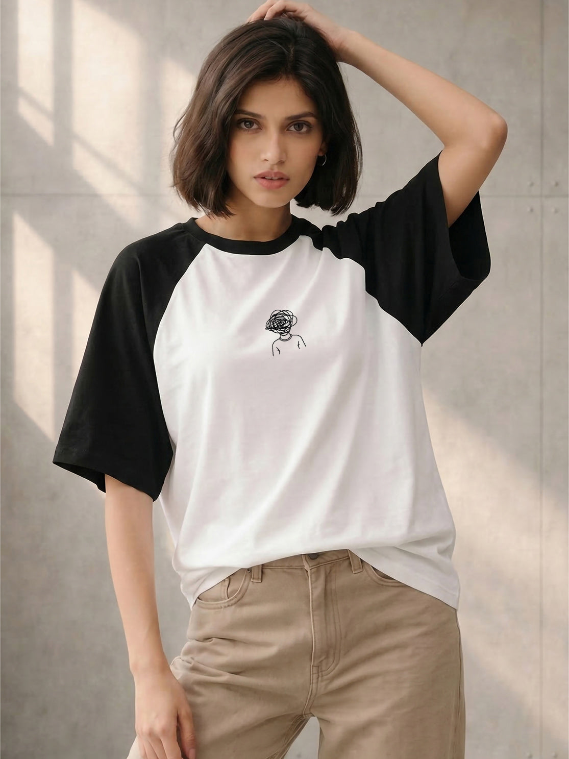 TOM MILTON Women White Color Raglan Half Sleeve Round Neck Oversized Tshirt