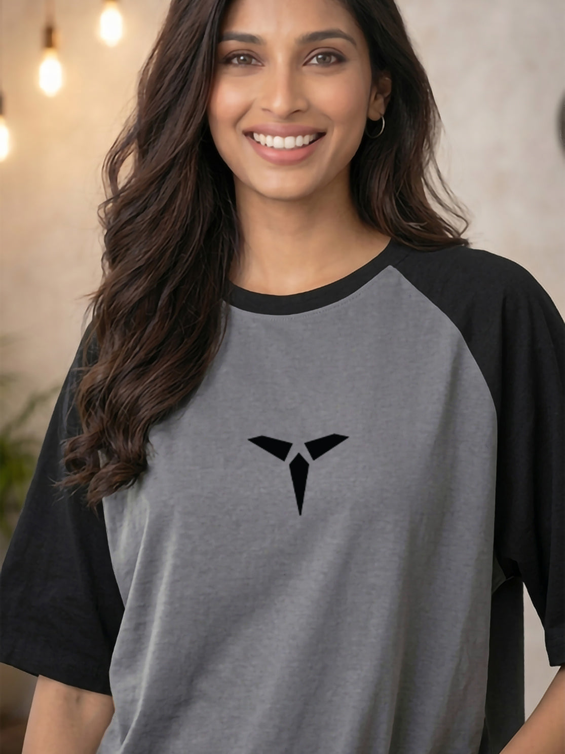 TOM MILTON Women Grey Color Raglan Half Sleeve Round Neck Oversized Tshirt