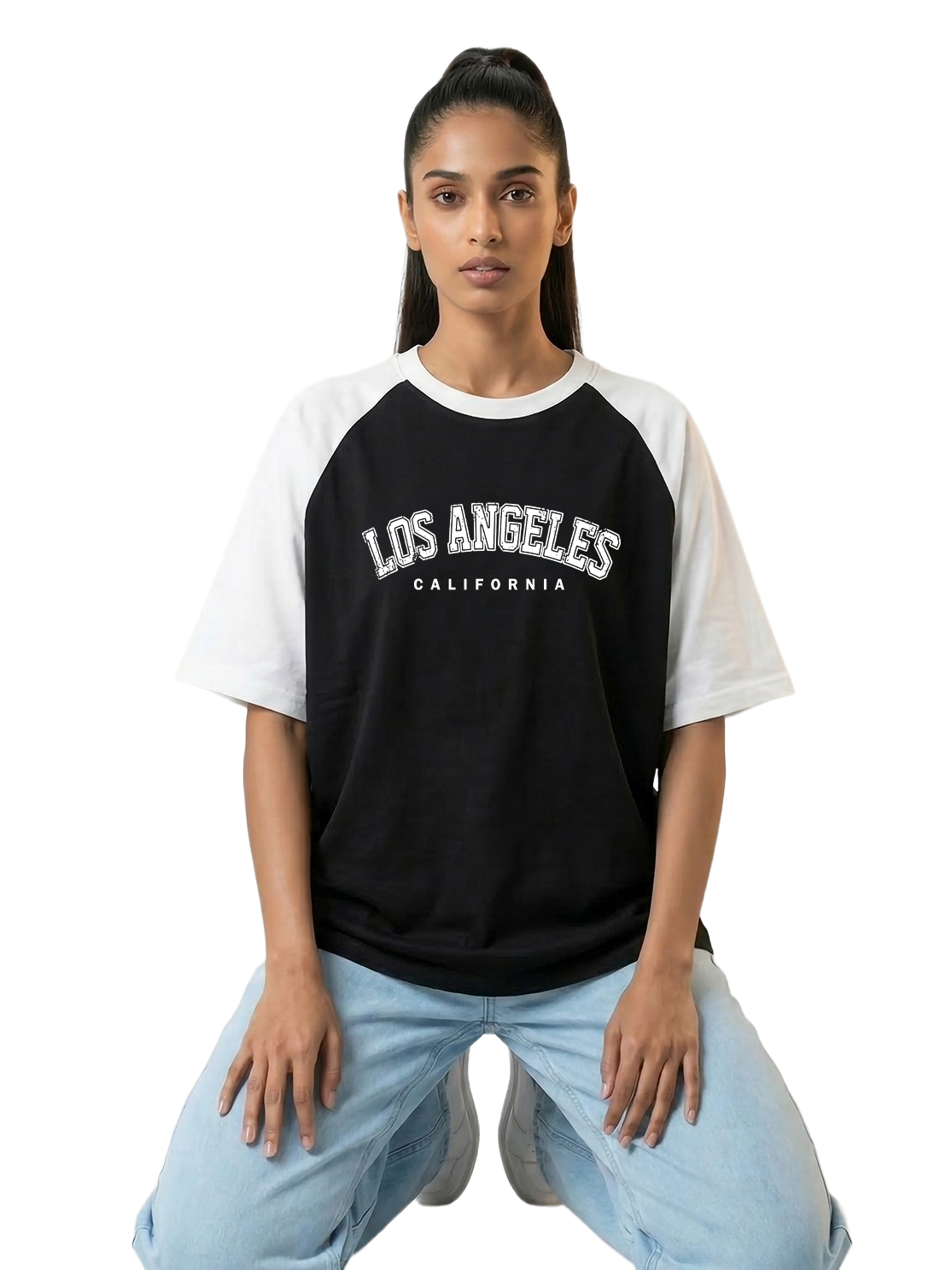 TOM MILTON Women Black Color Raglan Half Sleeve Round Neck Oversized Tshirt