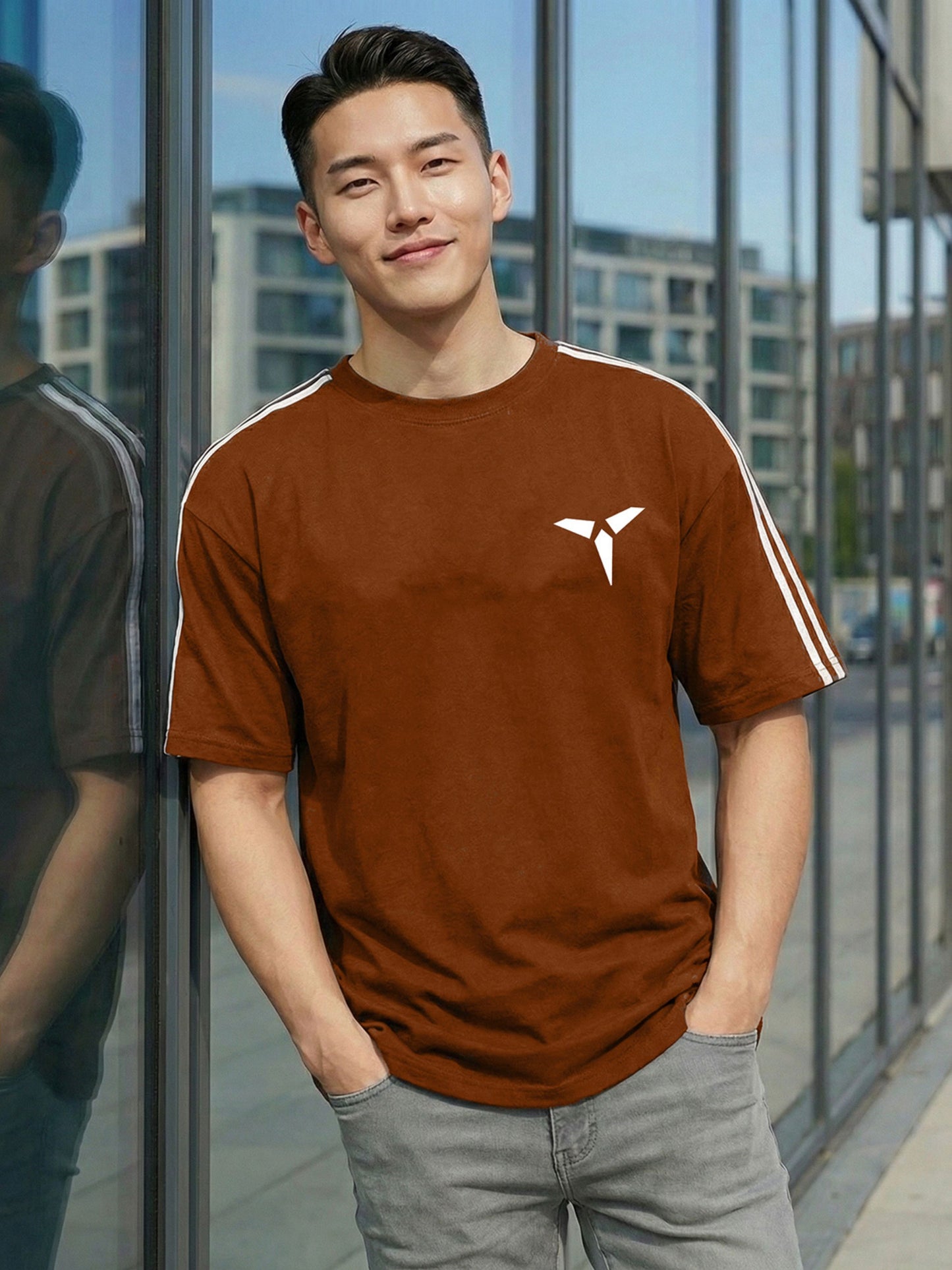 TOM MILTON Men Brown Color Round Neck Half Sleeve Net Folding Oversiozed Tshirt