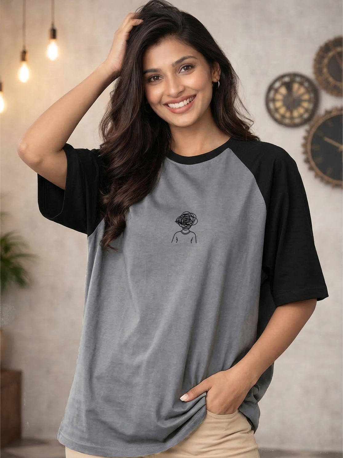 TOM MILTON Women Grey Color Raglan Half Sleeve Round Neck Oversized Tshirt