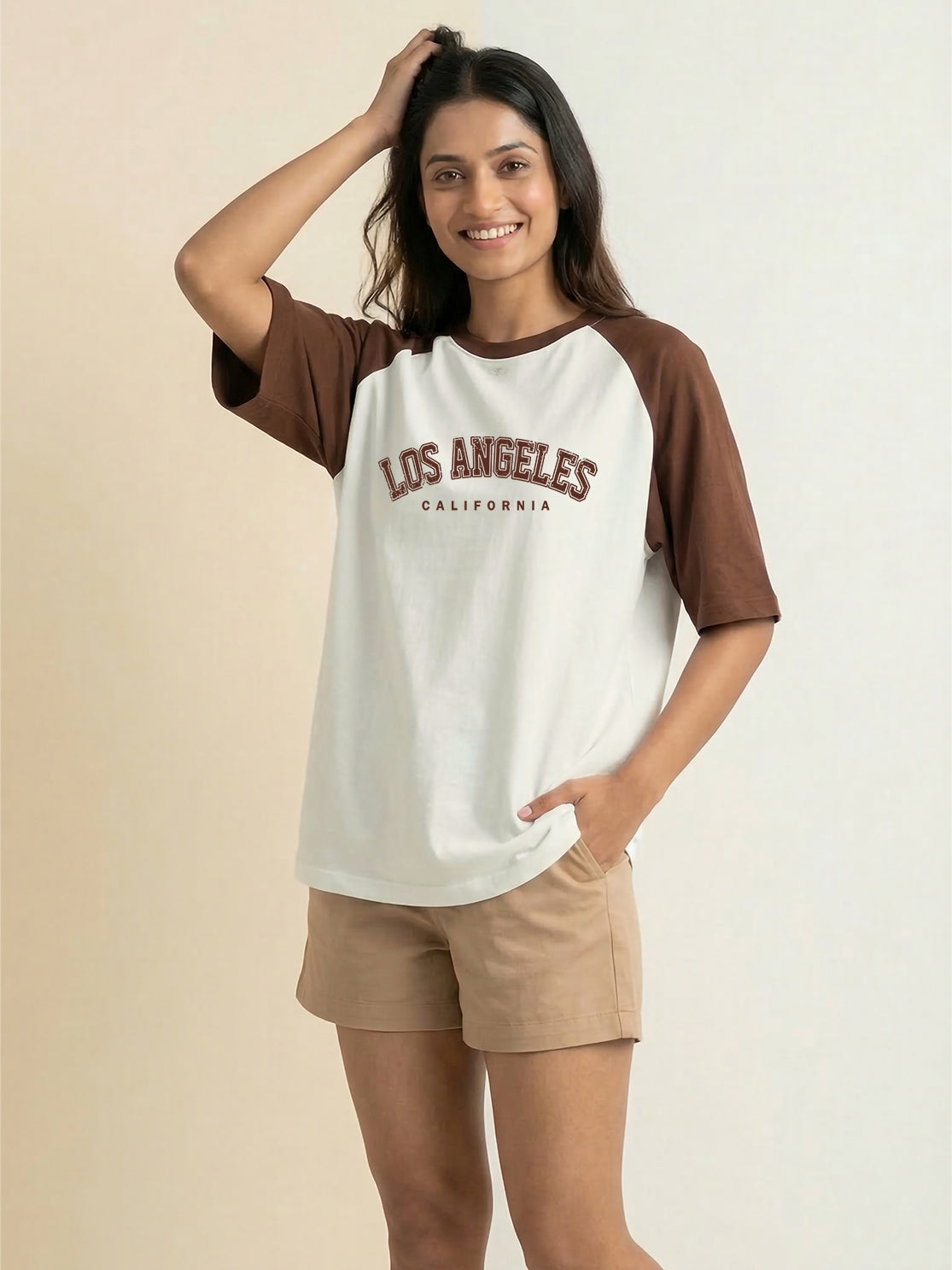 TOM MILTON Women Half White Color Raglan Half Sleeve Round Neck Oversized Tshirt