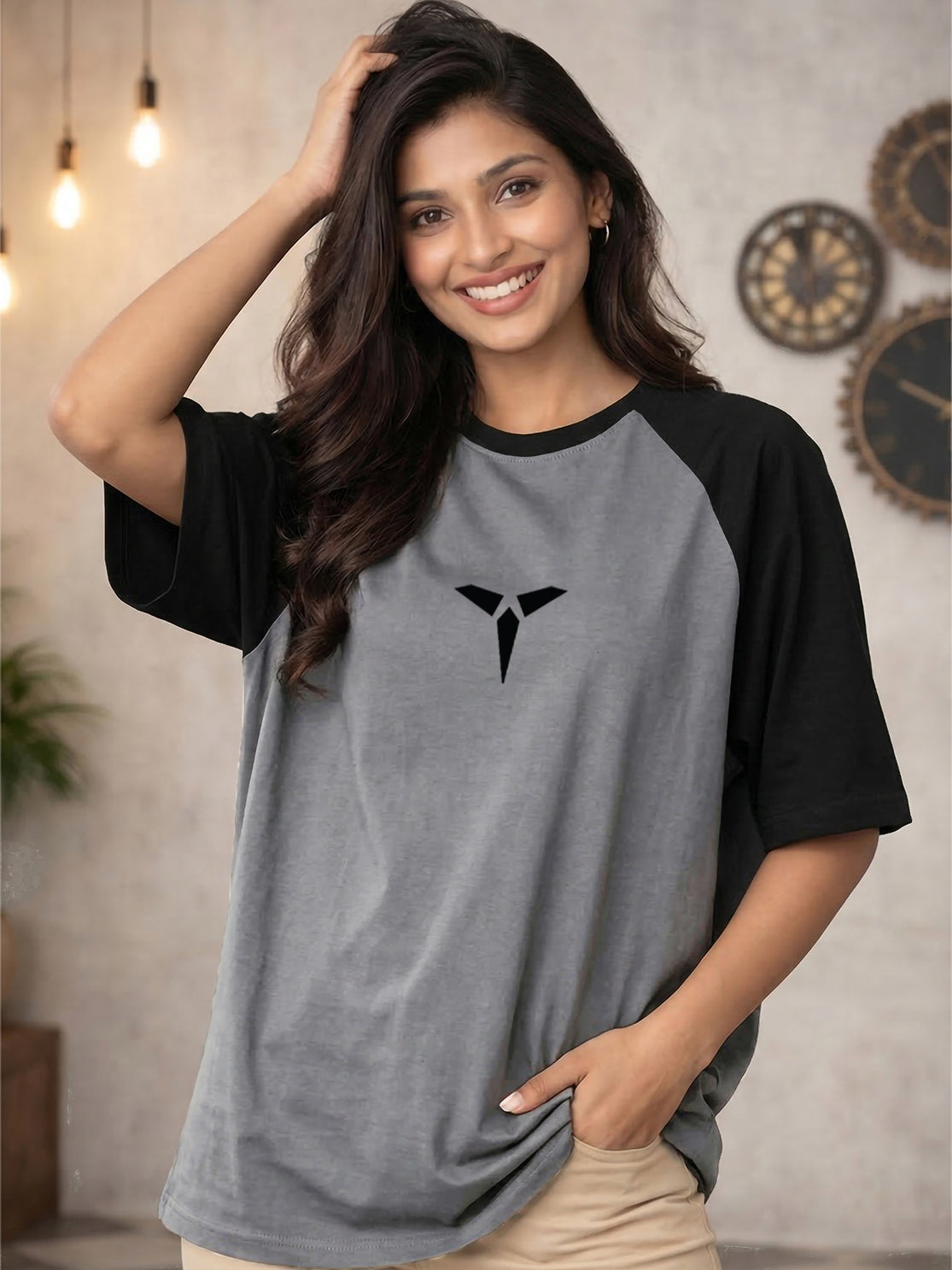 TOM MILTON Women Grey Color Raglan Half Sleeve Round Neck Oversized Tshirt