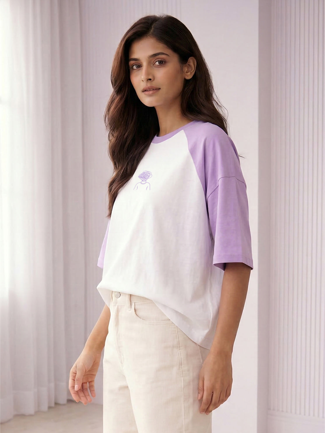 TOM MILTON Women White Color Raglan Half Sleeve Round Neck Oversized Tshirt
