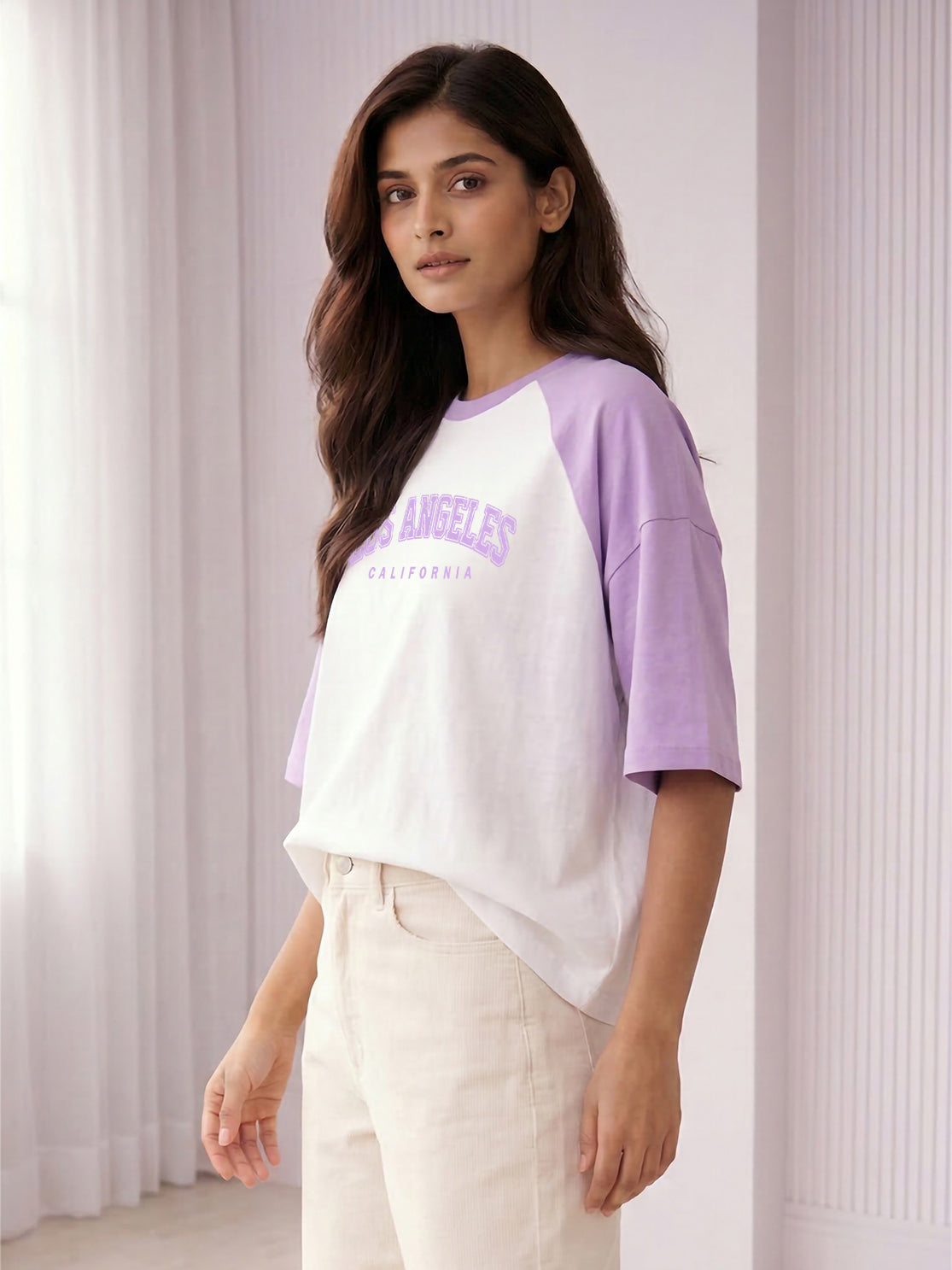TOM MILTON Women White Color Raglan Half Sleeve Round Neck Oversized Tshirt