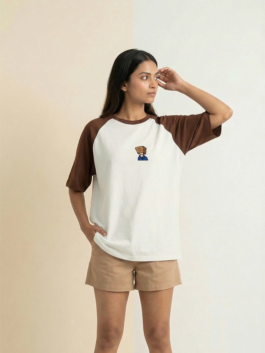 TOM MILTON Women Half White Color Raglan Half Sleeve Round Neck Oversized Tshirt
