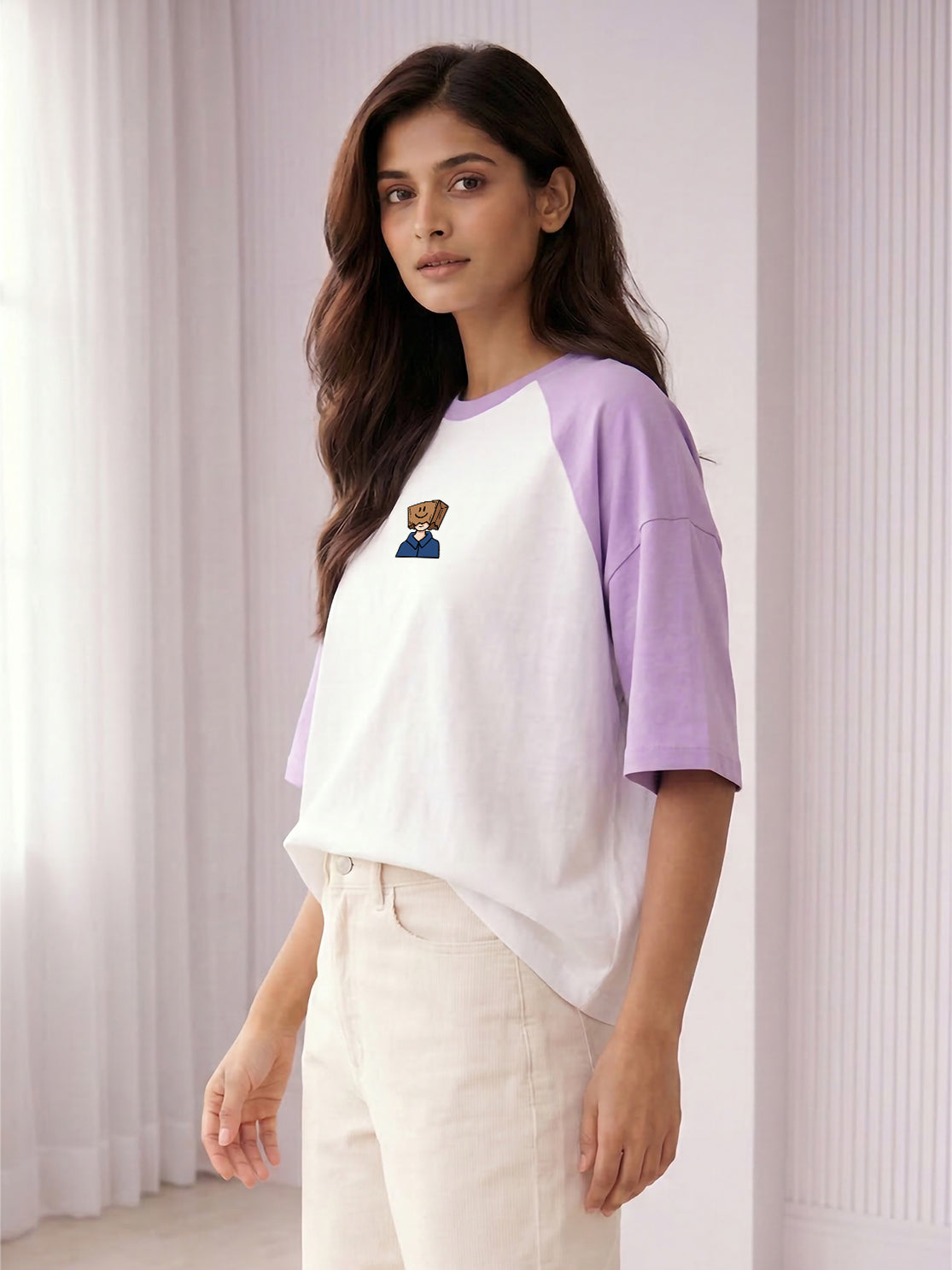 TOM MILTON Women White Color Raglan Half Sleeve Round Neck Oversized Tshirt