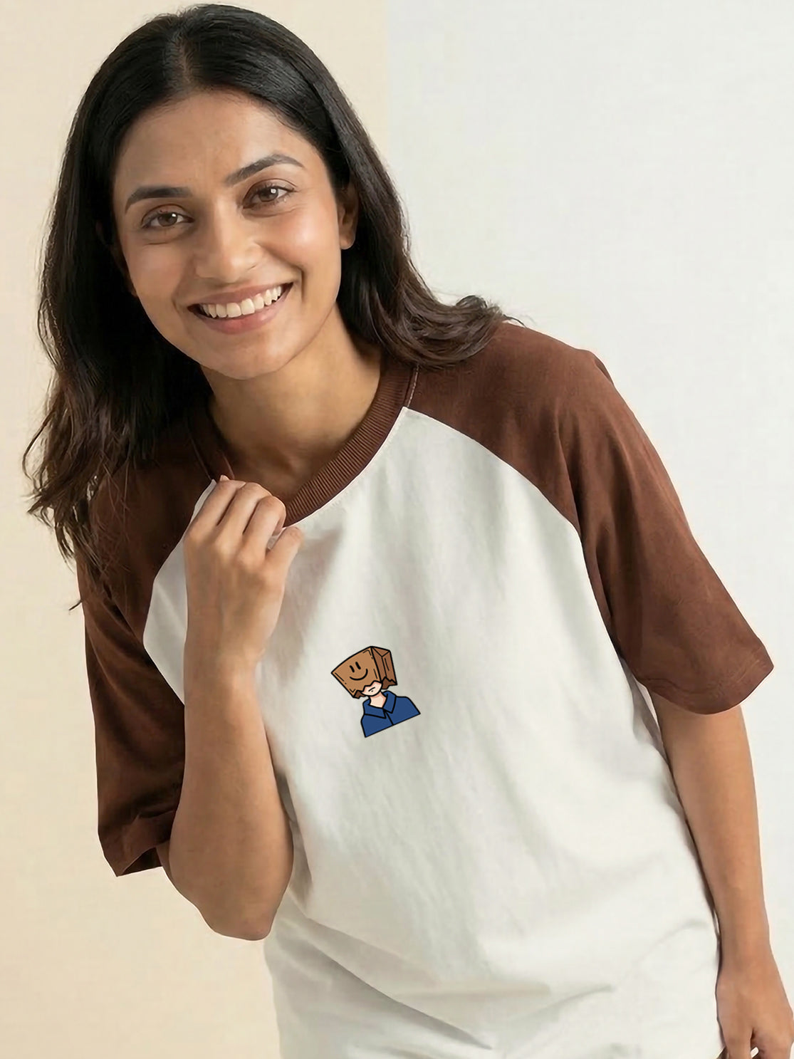 TOM MILTON Women Half White Color Raglan Half Sleeve Round Neck Oversized Tshirt
