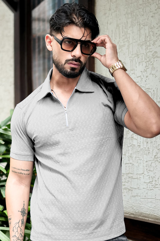 TOM MILTON Grey Color textured Polo Collar Polyester  T-shirt