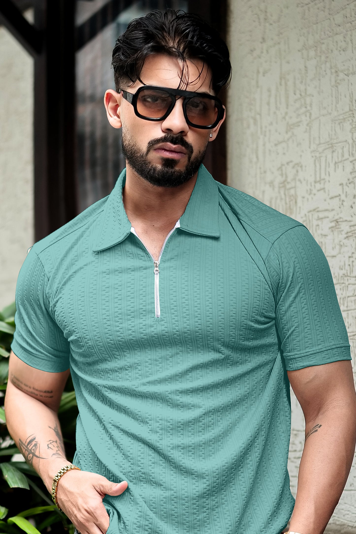 TOM MILTON Aqua Green Color  textured Zipper Polo Collar Polyester  T-shirt