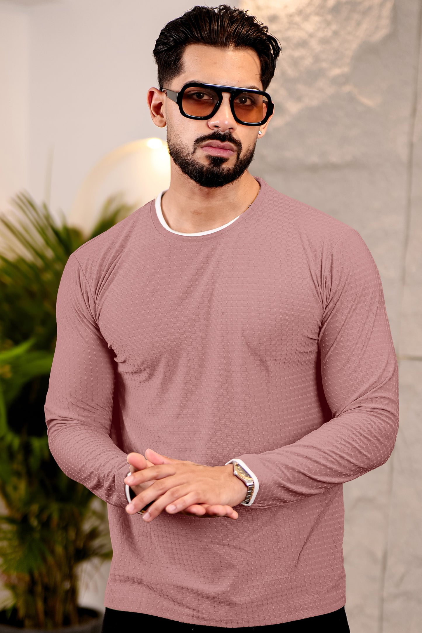 TOM MILTON Mens Dark Pink Color Round Neck Full Sleeve Tshirt