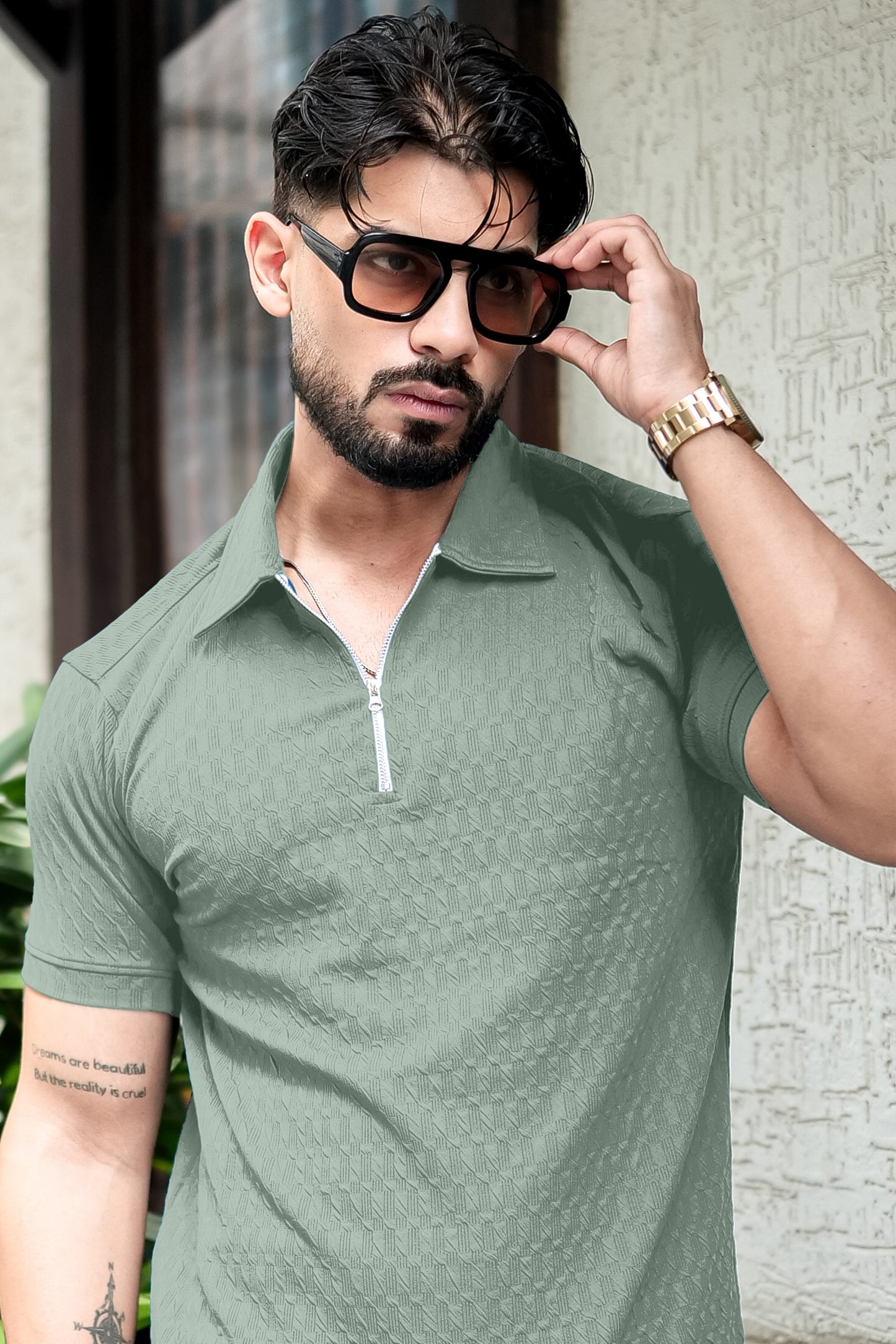 TOM MILTON Green Color textured Polo Collar Polyester  T-shirt