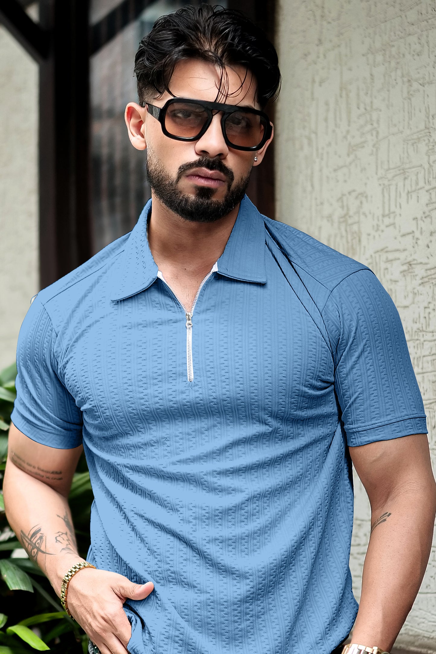 TOM MILTON Light Blue Color  textured Zipper Polo Collar Polyester  T-shirt