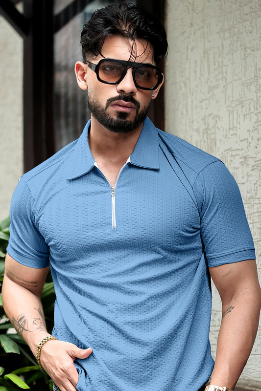 TOM MILTON Light Blue Color  textured Zipper Polo Collar Polyester  T-shirt