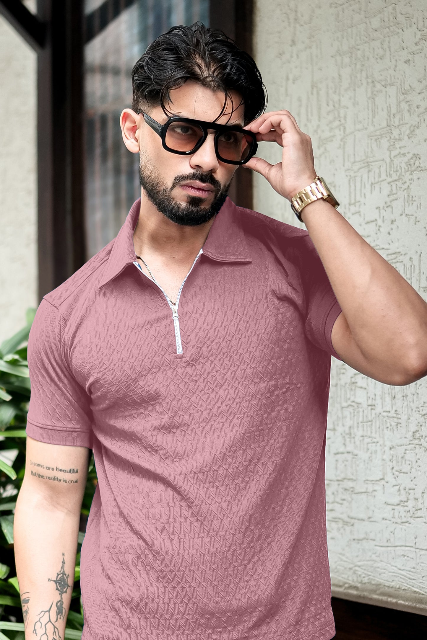 TOM MILTON Dark Pink Color textured Polo Collar Polyester  T-shirt