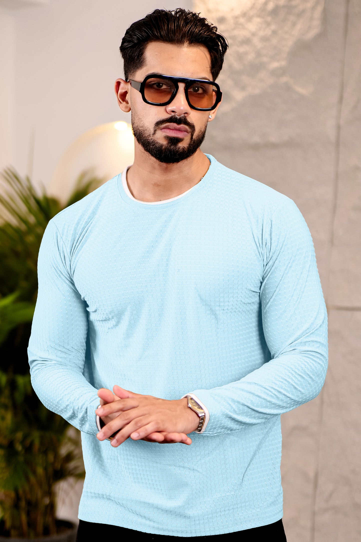TOM MILTON Mens Light Blue Color Round Neck Full Sleeve Tshirt