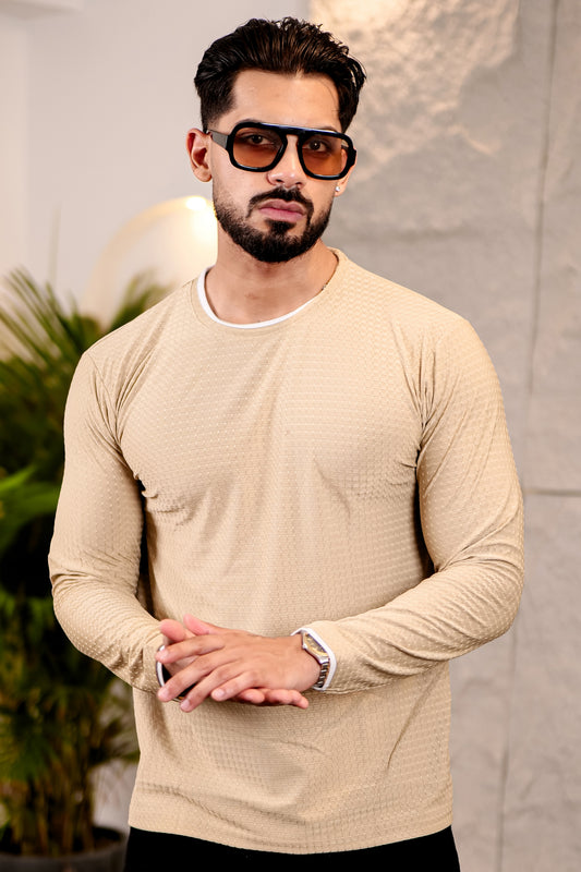 TOM MILTON Mens Cream Color Round Neck Full Sleeve Tshirt