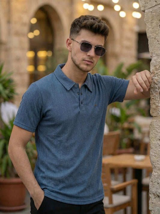 TOM MILTON Men Blue Color Half Sleeve Snap Button Polo Tshirt