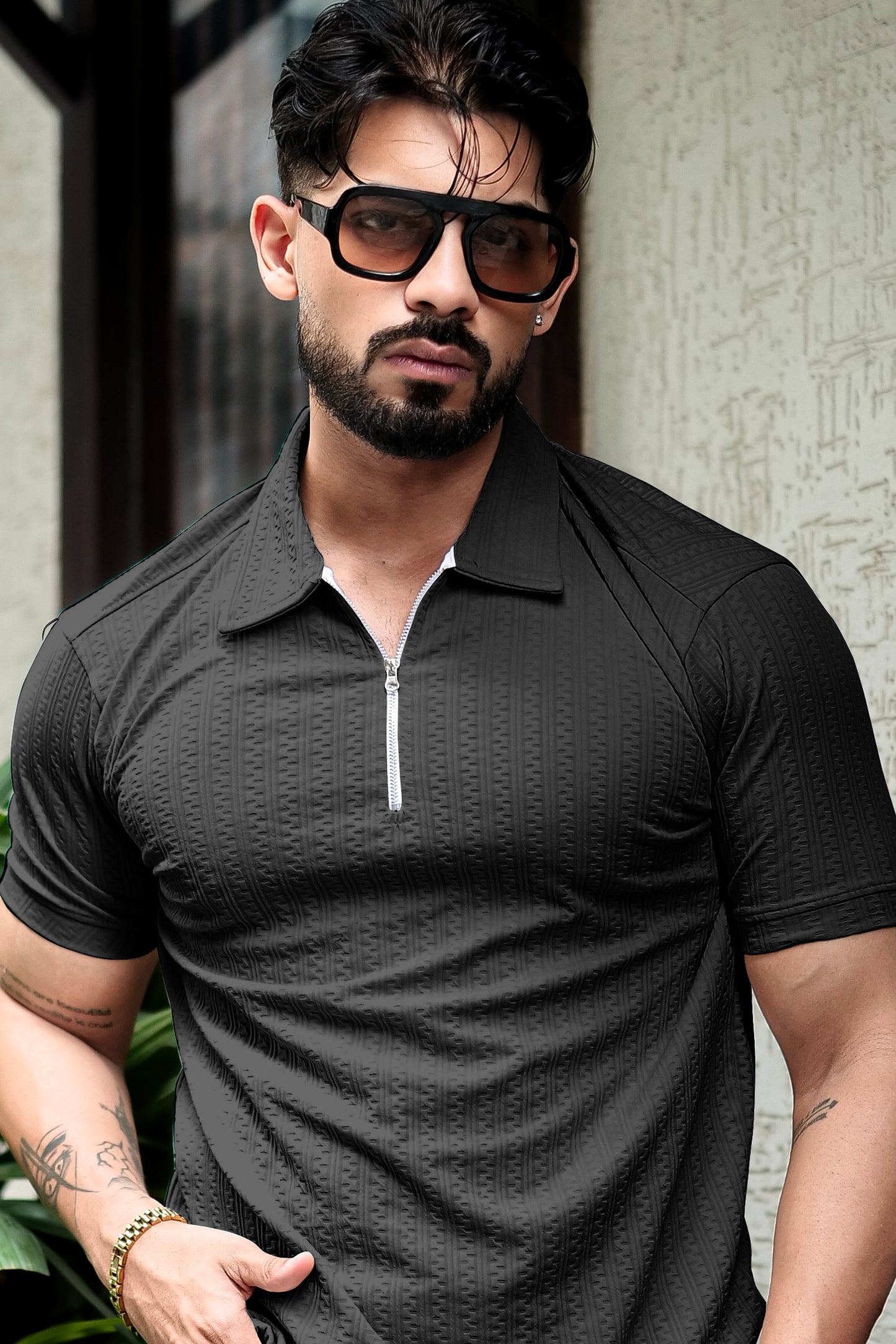 TOM MILTON Black Color  textured Zipper Polo Collar Polyester  T-shirt