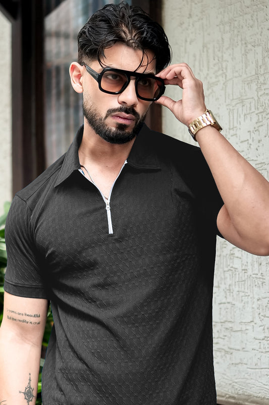TOM MILTON Black Color textured Polo Collar Polyester  T-shirt