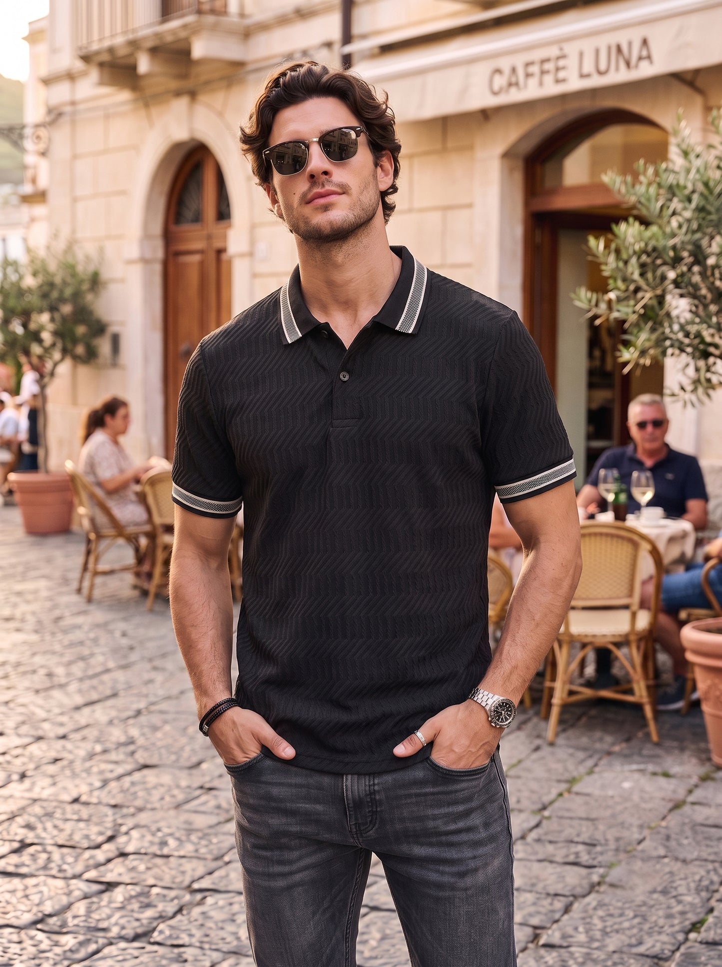 TOM MILTON Men's Textured Polyester Polo T-Shirt Regular Fit Polo Neck Tshirts for Men Black