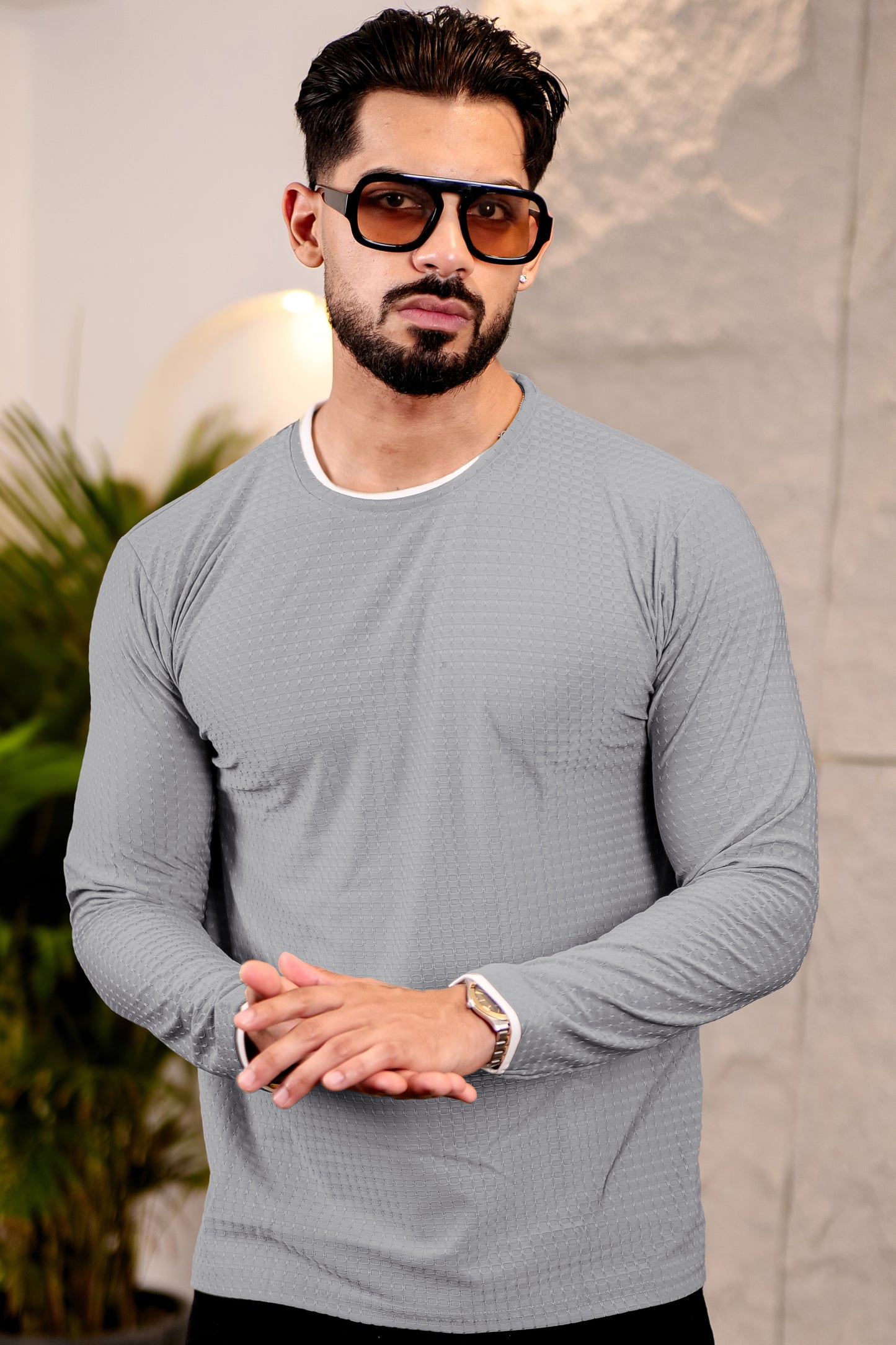 TOM MILTON Mens Grey Color Round Neck Full Sleeve Tshirt