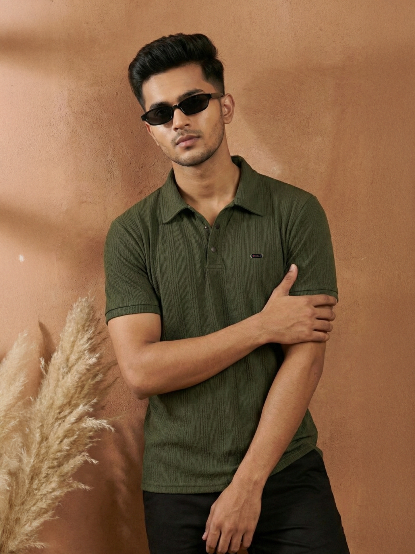 TOM MILTON Men Olive Green Color Half Sleeve Snap Button Polo Tshirt