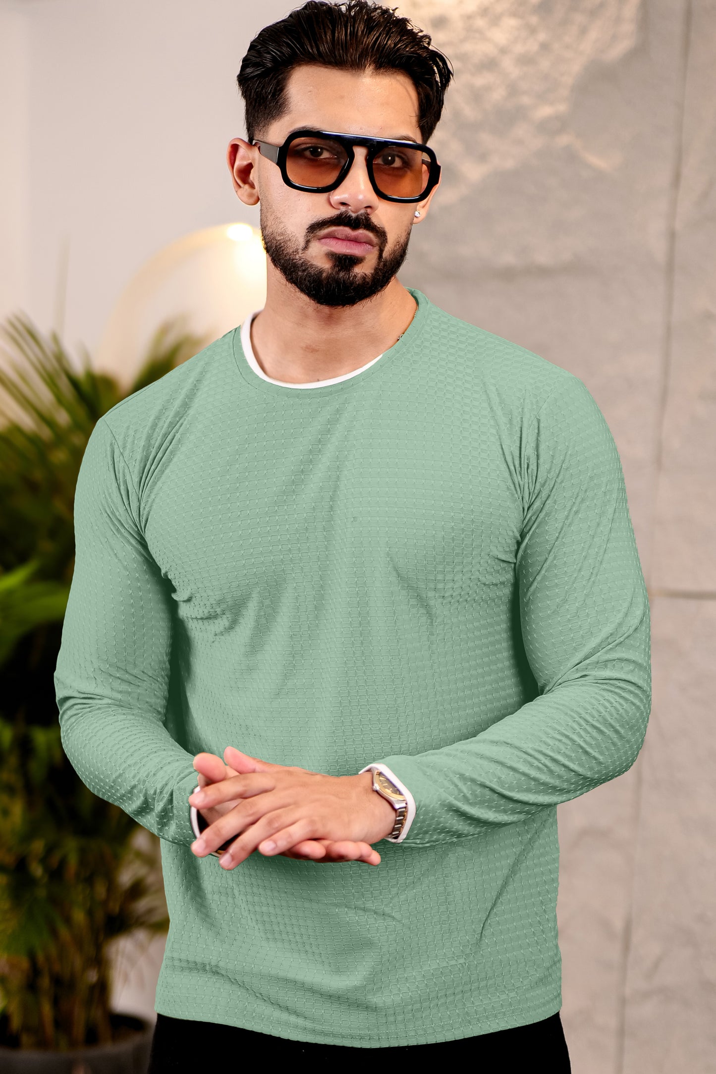 TOM MILTON Mens MGreen Color Round Neck Full Sleeve Tshirt