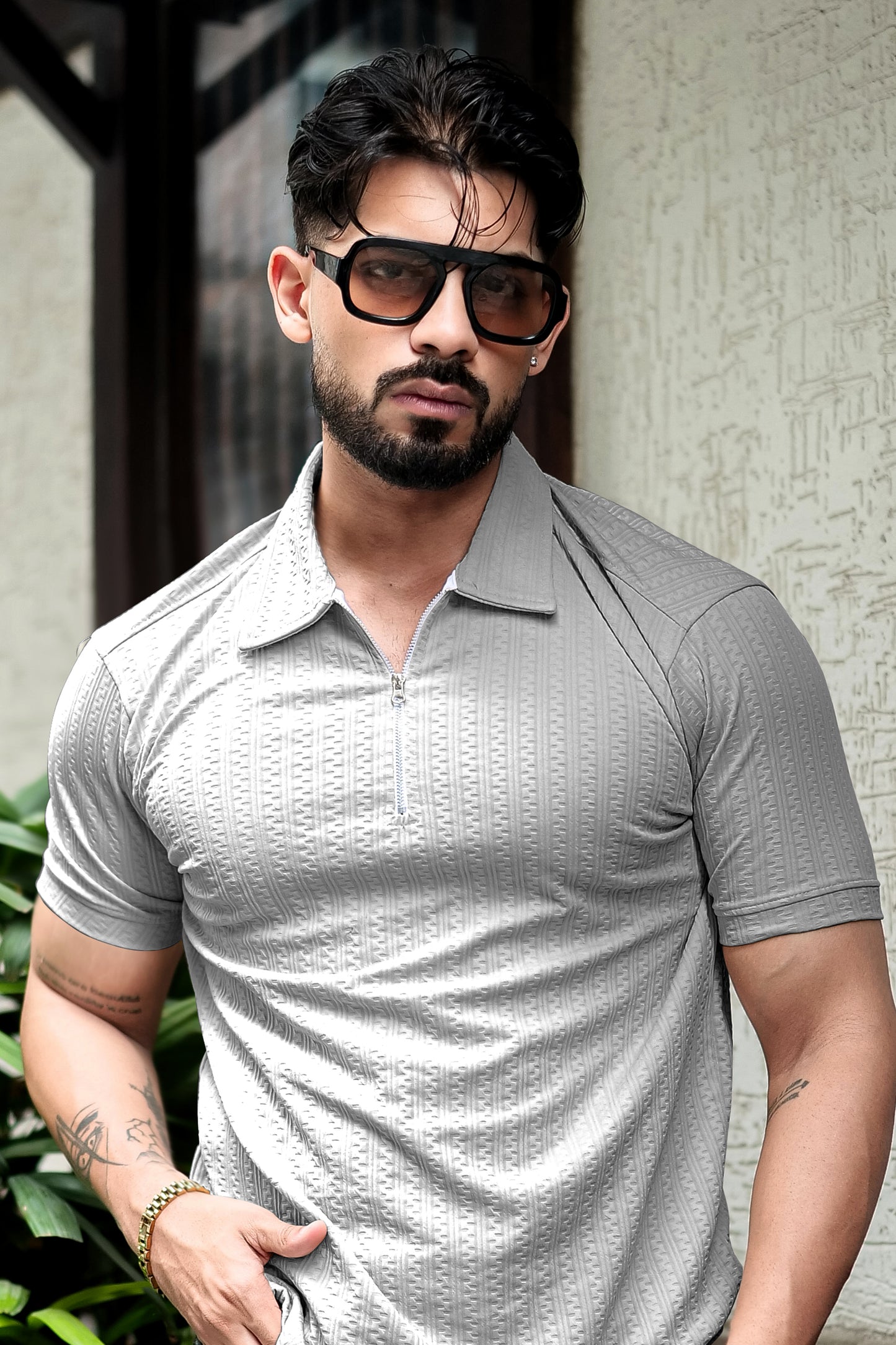 TOM MILTON Grey Color  textured Zipper Polo Collar Polyester  T-shirt