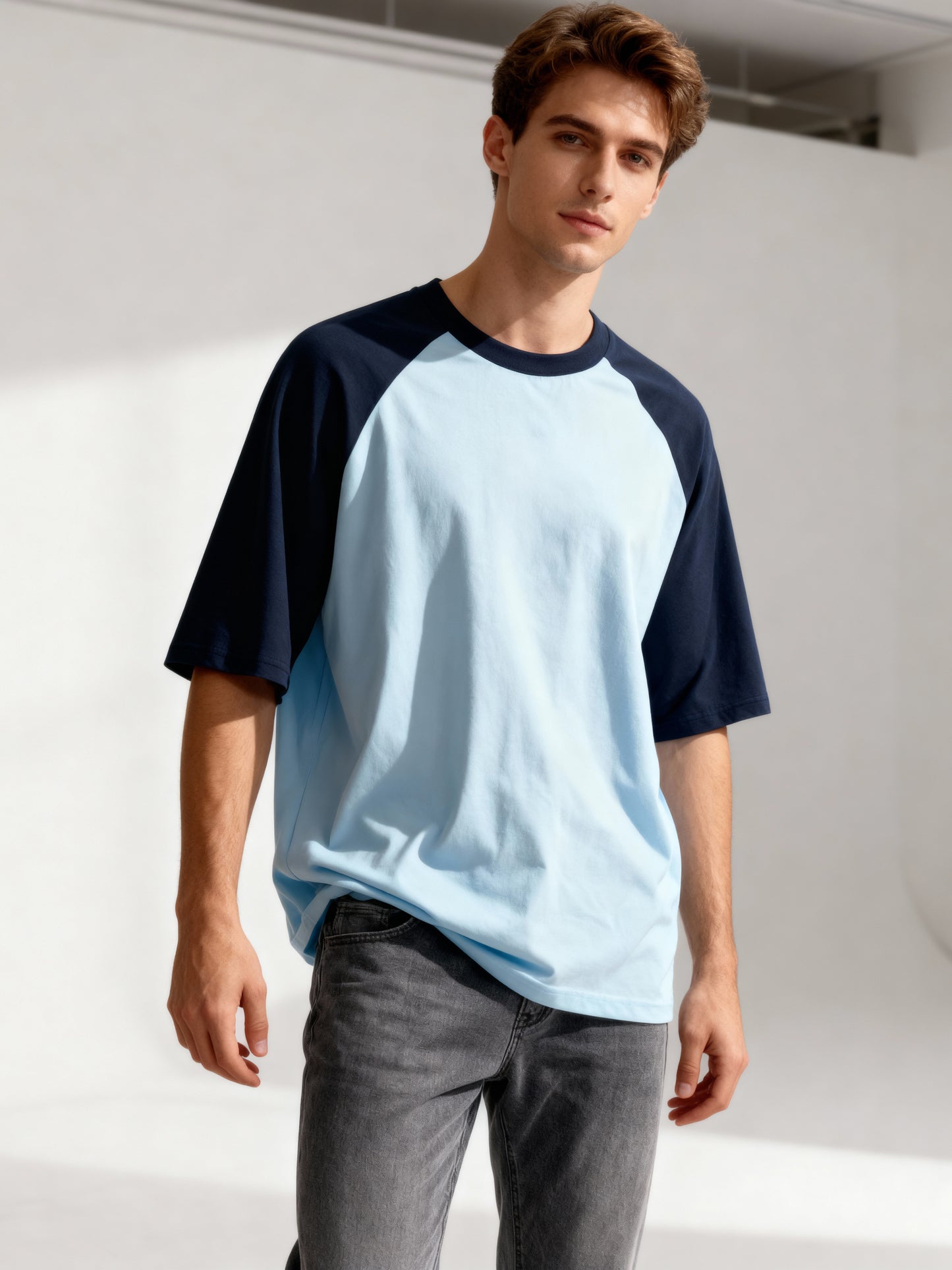 TOM MILTON Men's Blue Raglan Sleeve Round Neck T-Shirt for Men