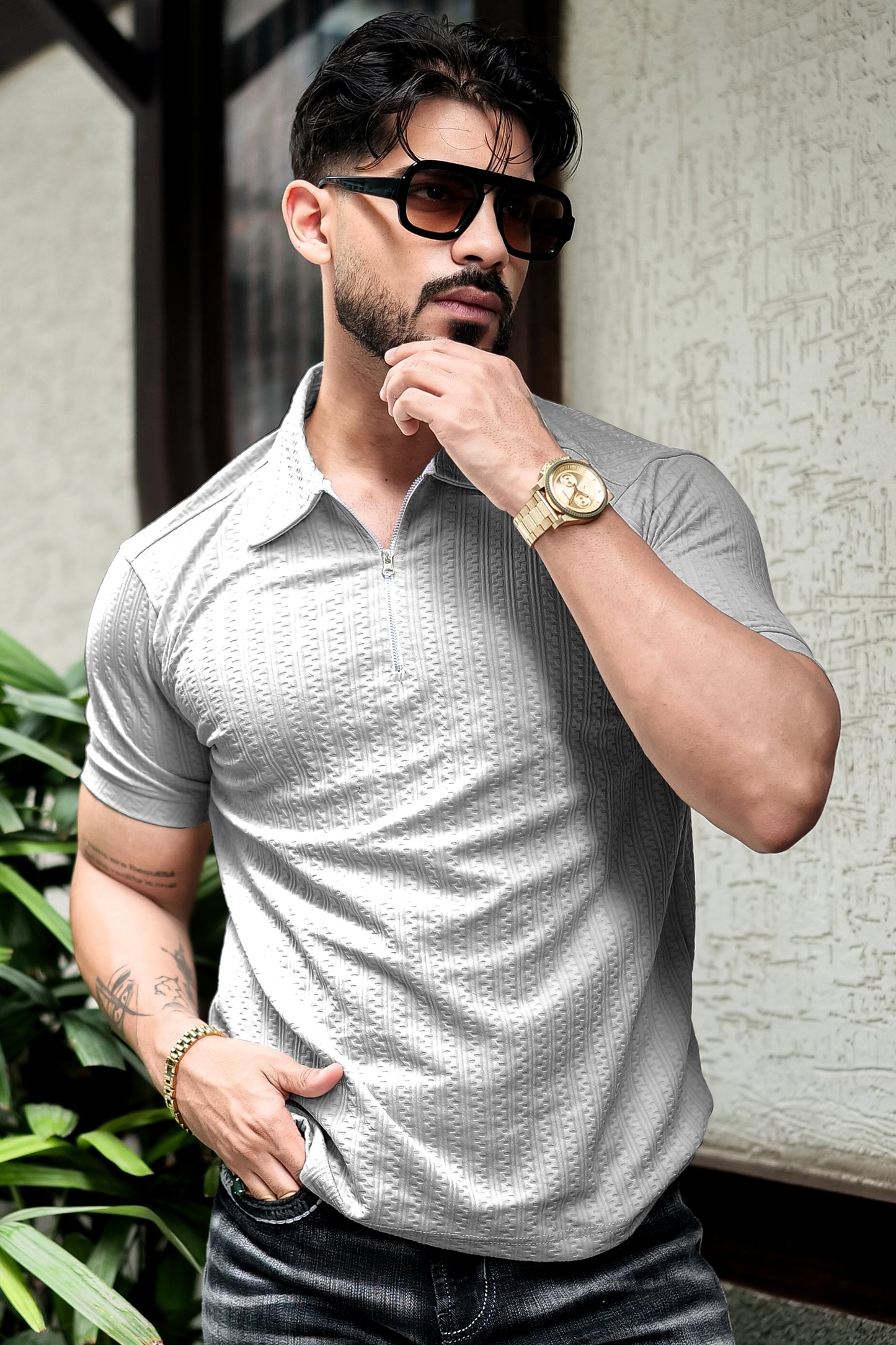 TOM MILTON Grey Color  textured Zipper Polo Collar Polyester  T-shirt