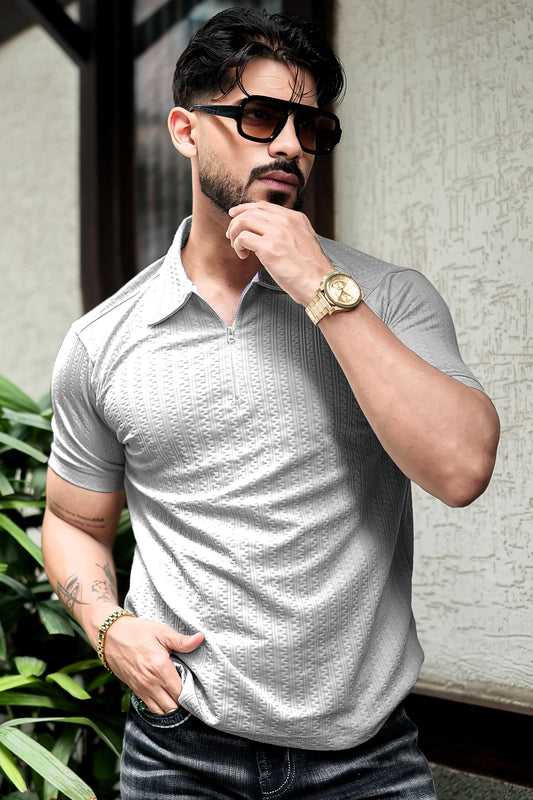 TOM MILTON Grey Color  textured Zipper Polo Collar Polyester  T-shirt