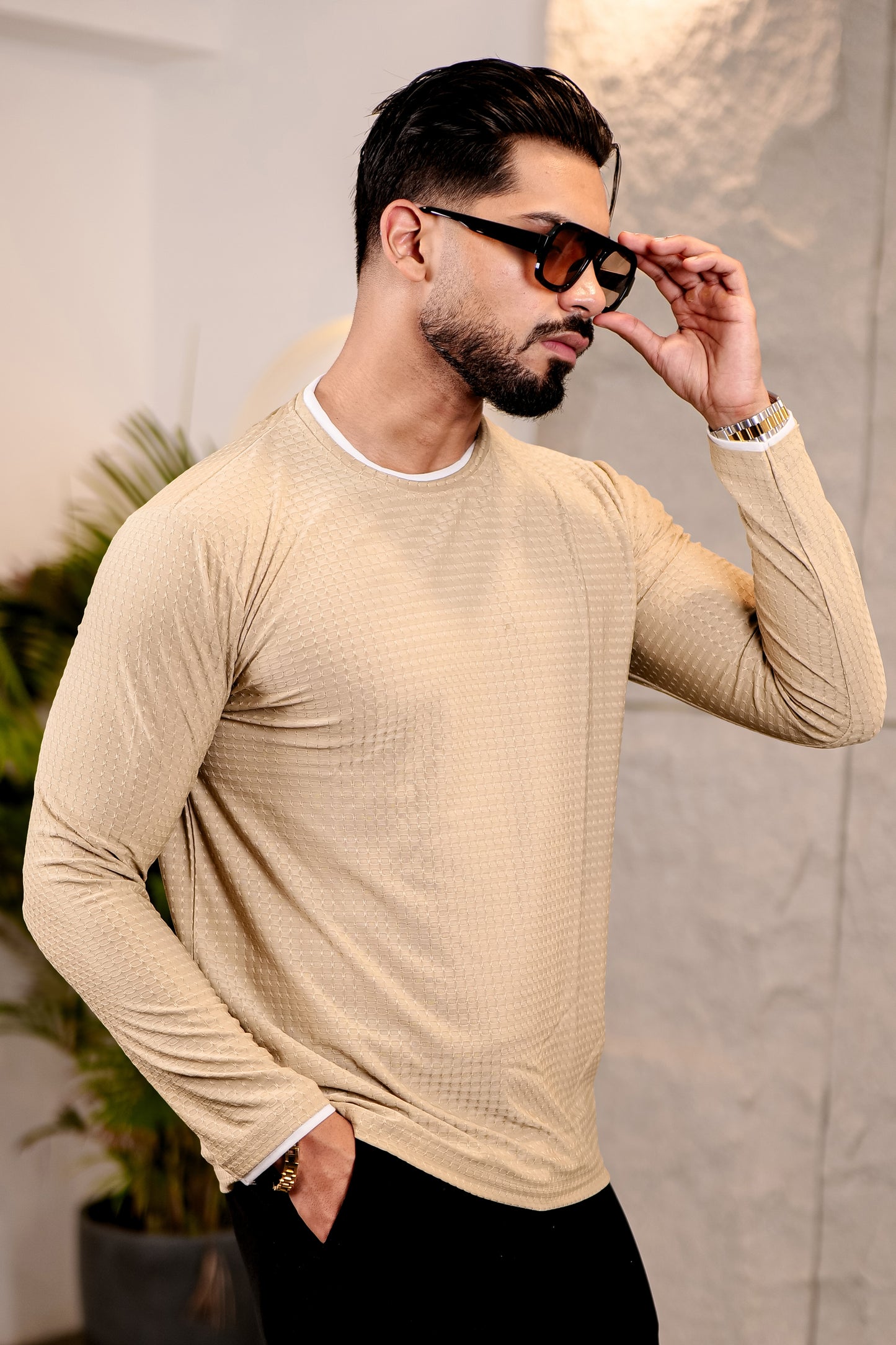 TOM MILTON Mens Cream Color Round Neck Full Sleeve Tshirt