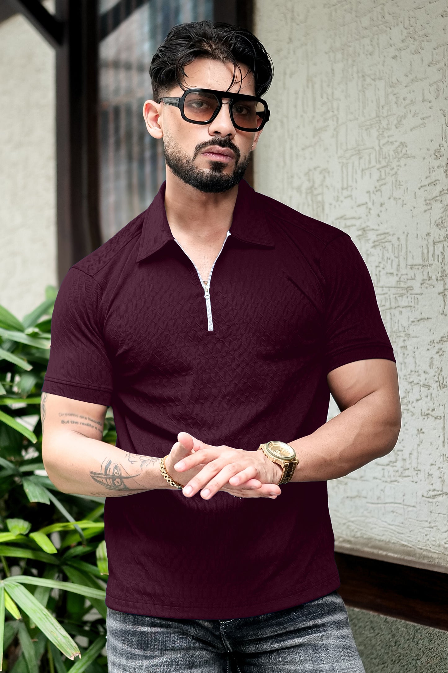 TOM MILTON Maroon Color textured Polo Collar Polyester  T-shirt