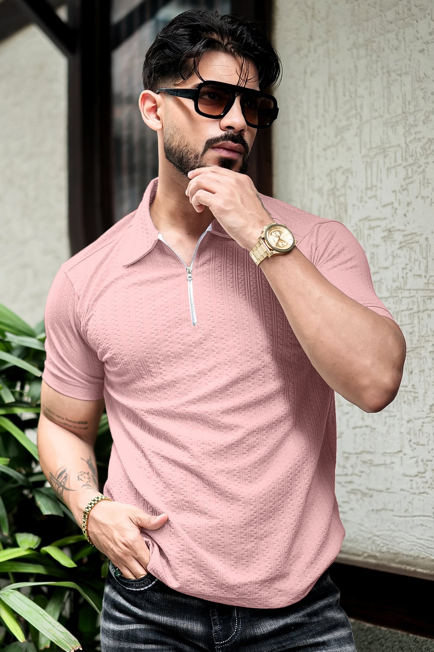 TOM MILTON Light Pink Color textured Polo Collar Polyester  T-shirt