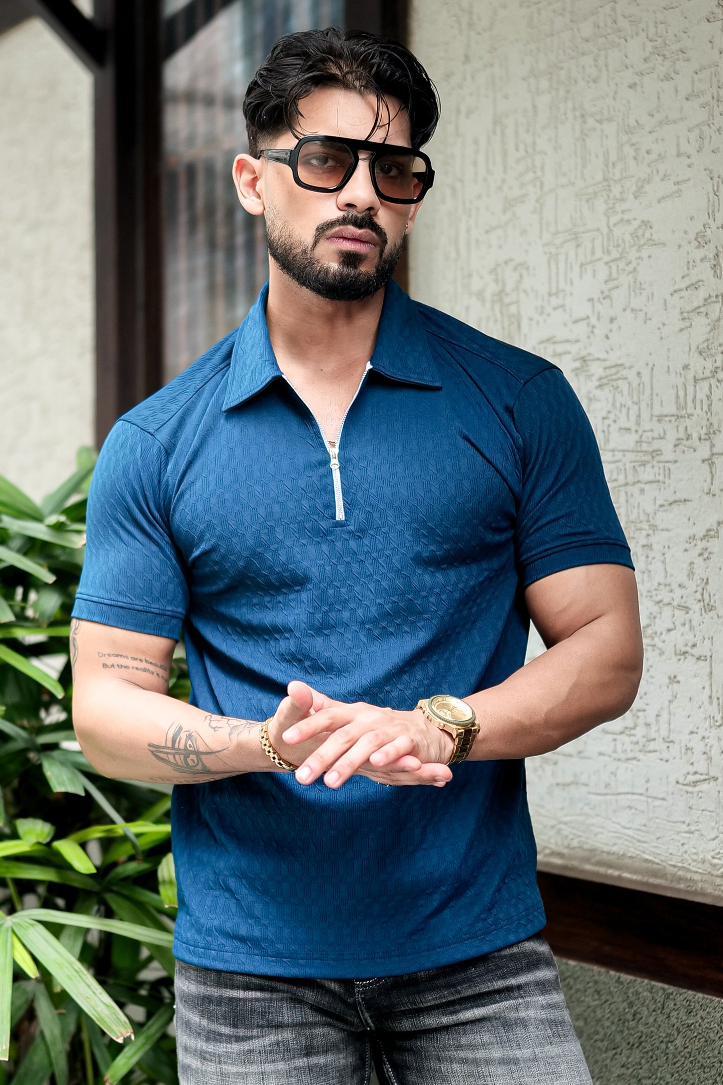 TOM MILTON Dark Blue Color textured Polo Collar Polyester  T-shirt