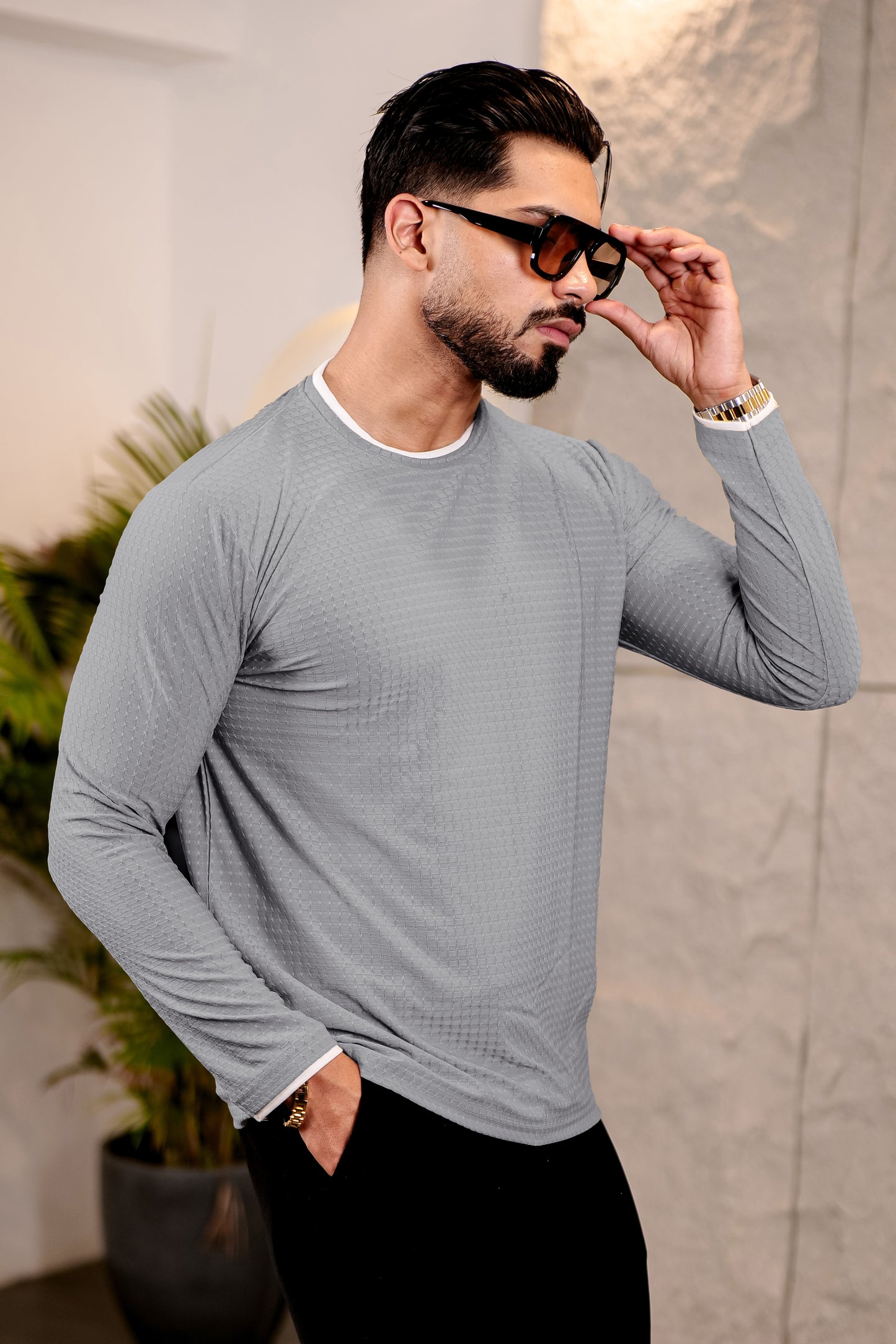TOM MILTON Mens Grey Color Round Neck Full Sleeve Tshirt