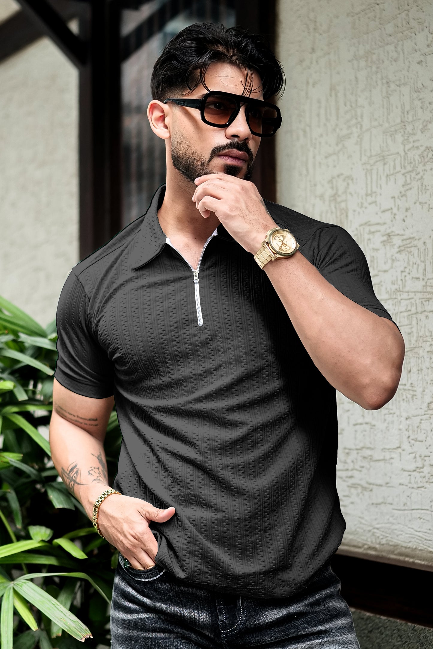 TOM MILTON Black Color  textured Zipper Polo Collar Polyester  T-shirt
