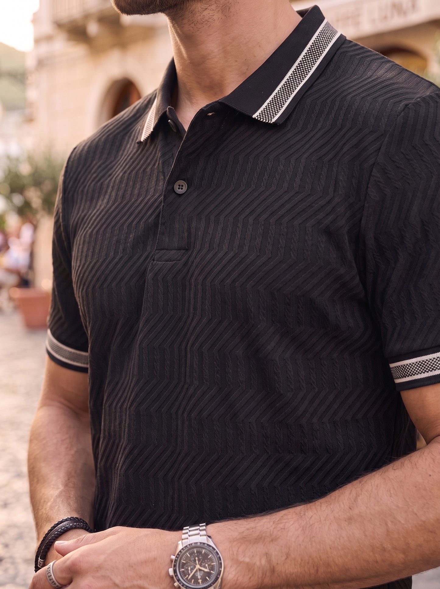 TOM MILTON Men's Textured Polyester Polo T-Shirt Regular Fit Polo Neck Tshirts for Men Black