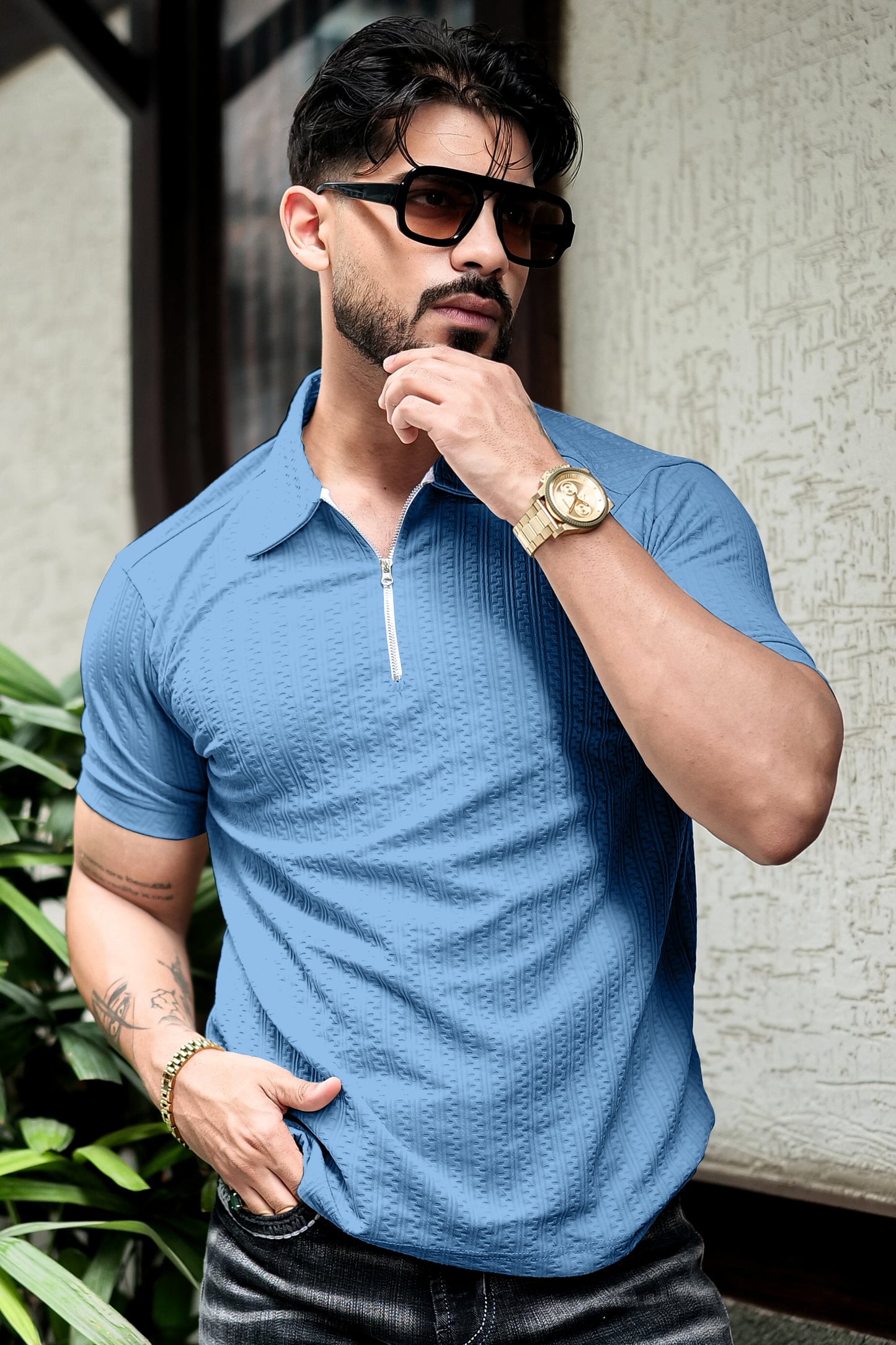 TOM MILTON Light Blue Color  textured Zipper Polo Collar Polyester  T-shirt