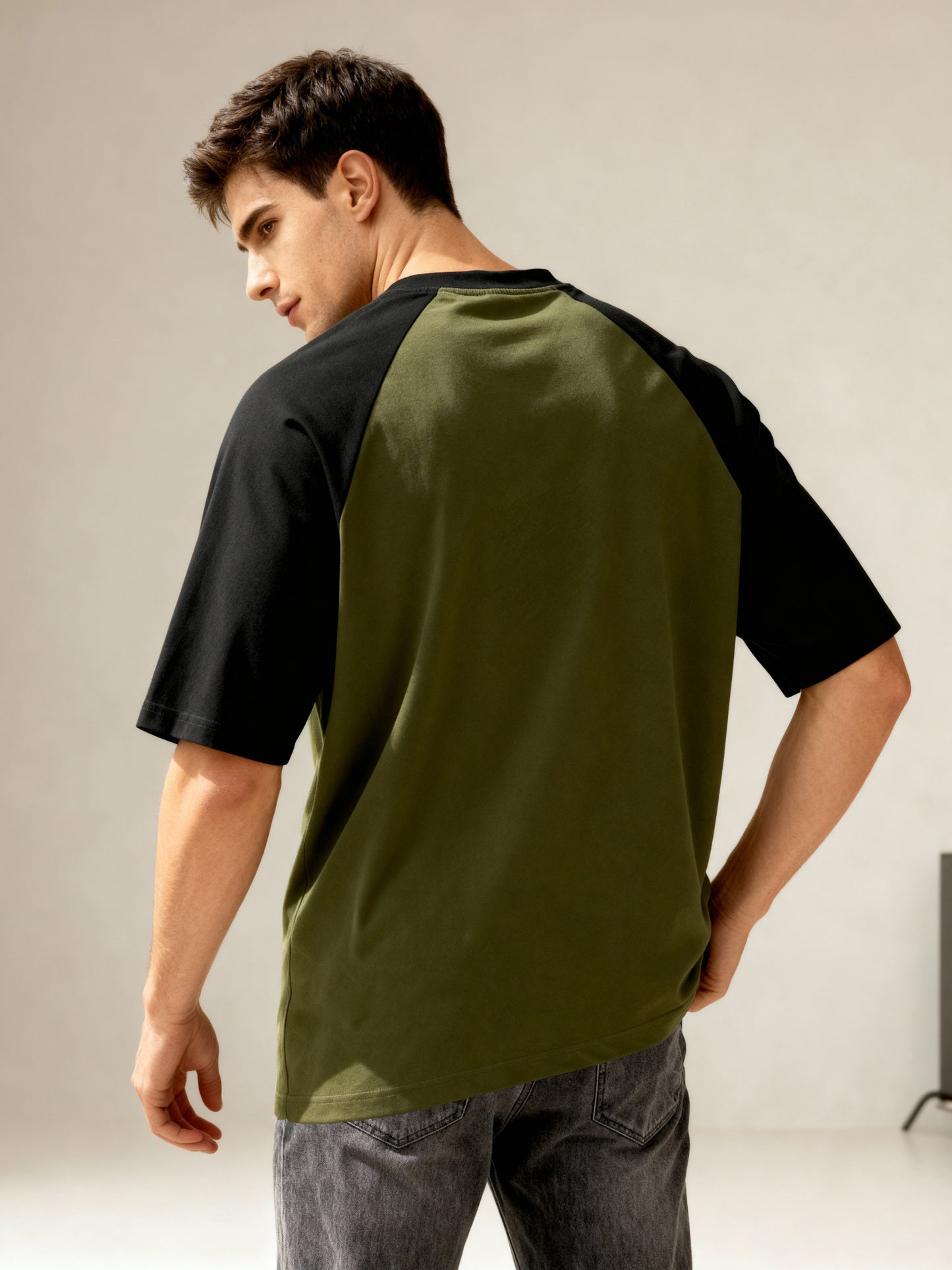 TOM MILTON Men's Olive Green Raglan Sleeve Round Neck T-Shirt for Men