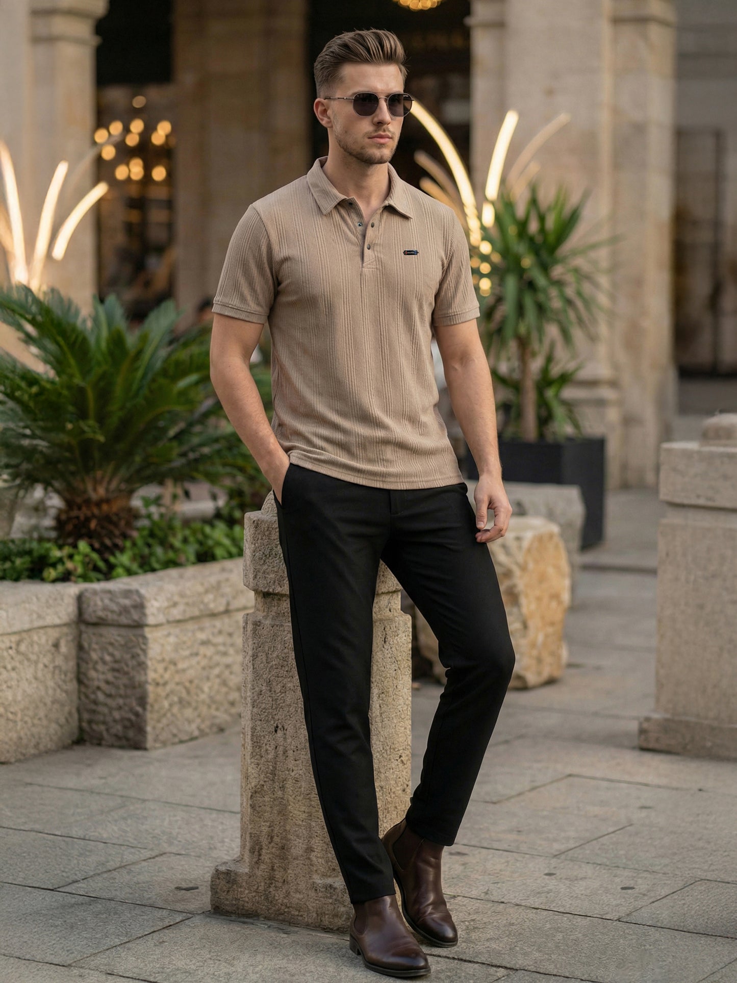 TOM MILTON Men Beige Color Half Sleeve Snap Button Polo Tshirt