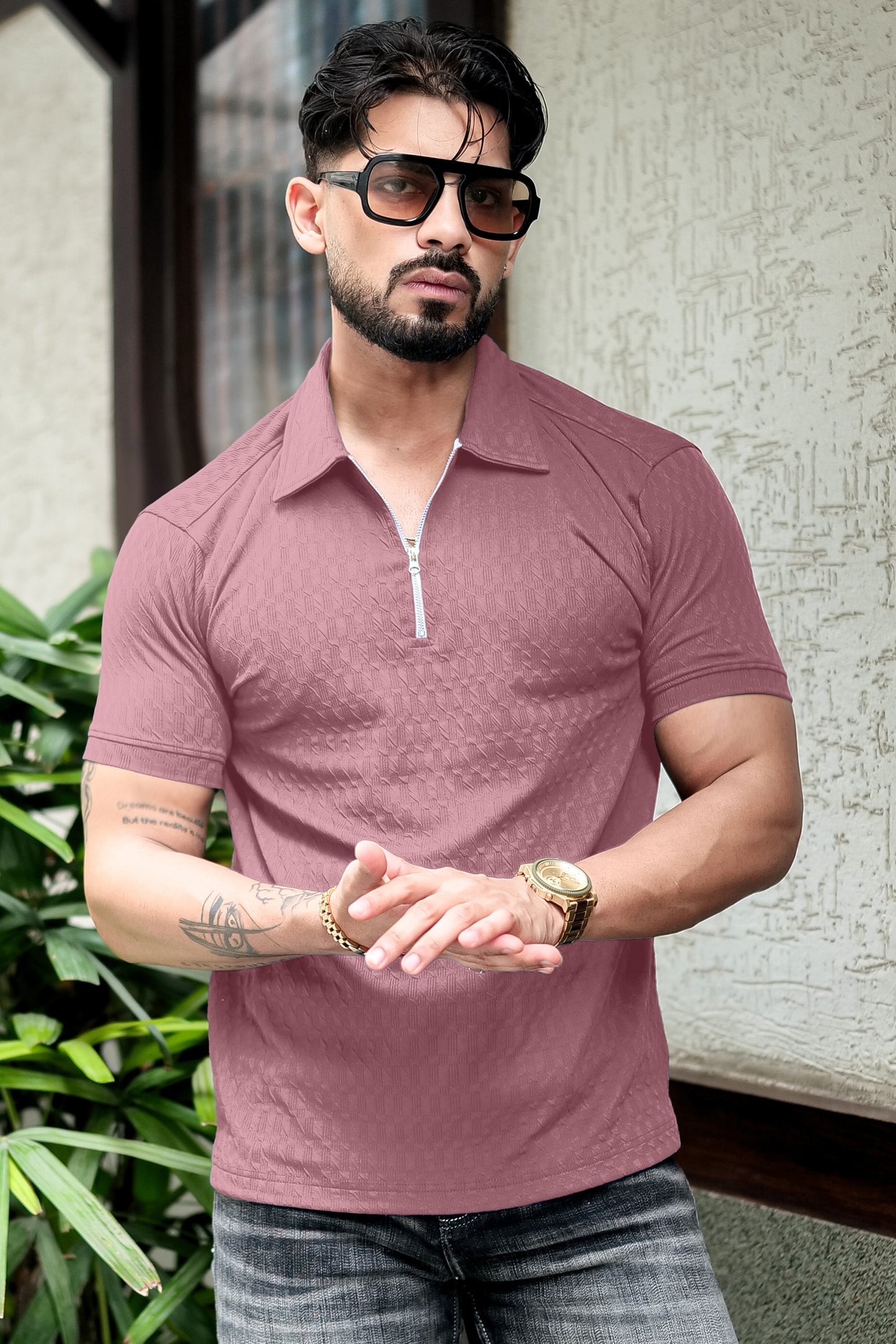 TOM MILTON Dark Pink Color textured Polo Collar Polyester  T-shirt