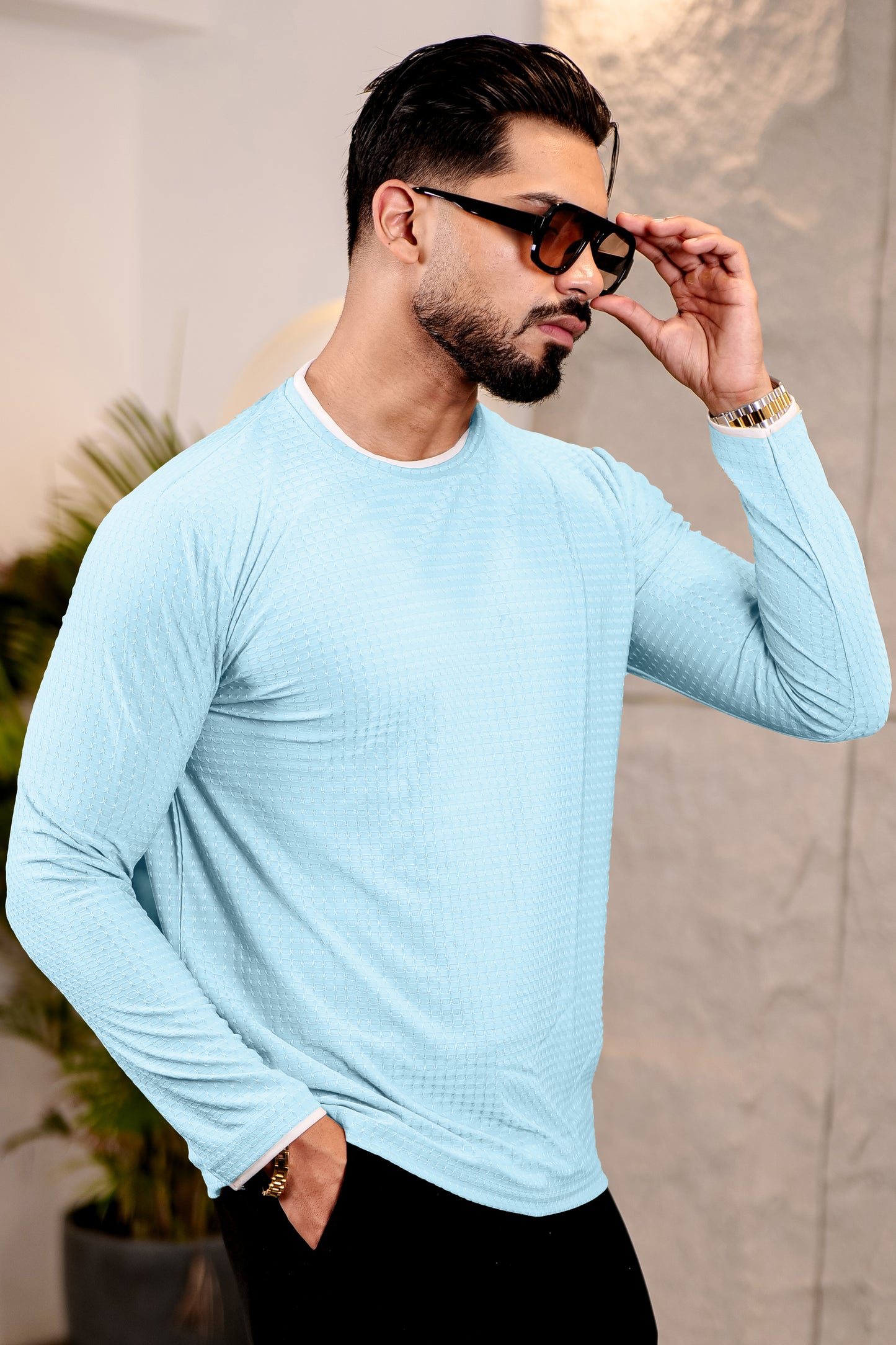 TOM MILTON Mens Light Blue Color Round Neck Full Sleeve Tshirt