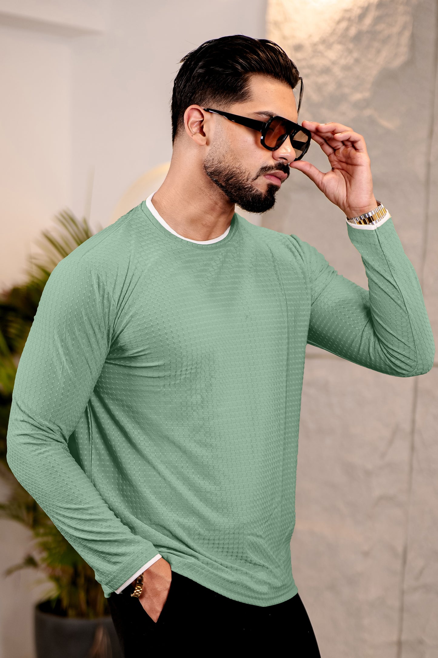 TOM MILTON Mens MGreen Color Round Neck Full Sleeve Tshirt
