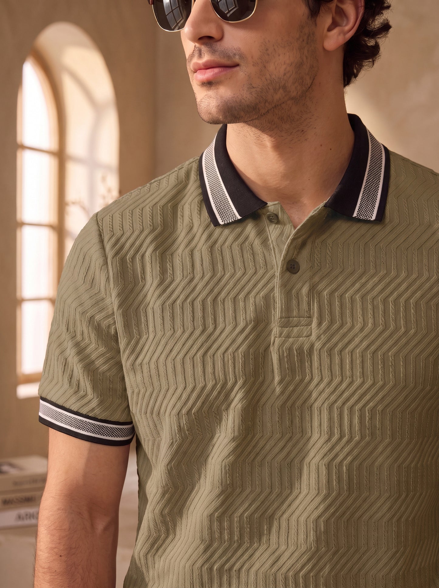 TOM MILTON Men's Textured Polyester Polo T-Shirt Regular Fit Polo Neck Tshirts for Men Dark Cream