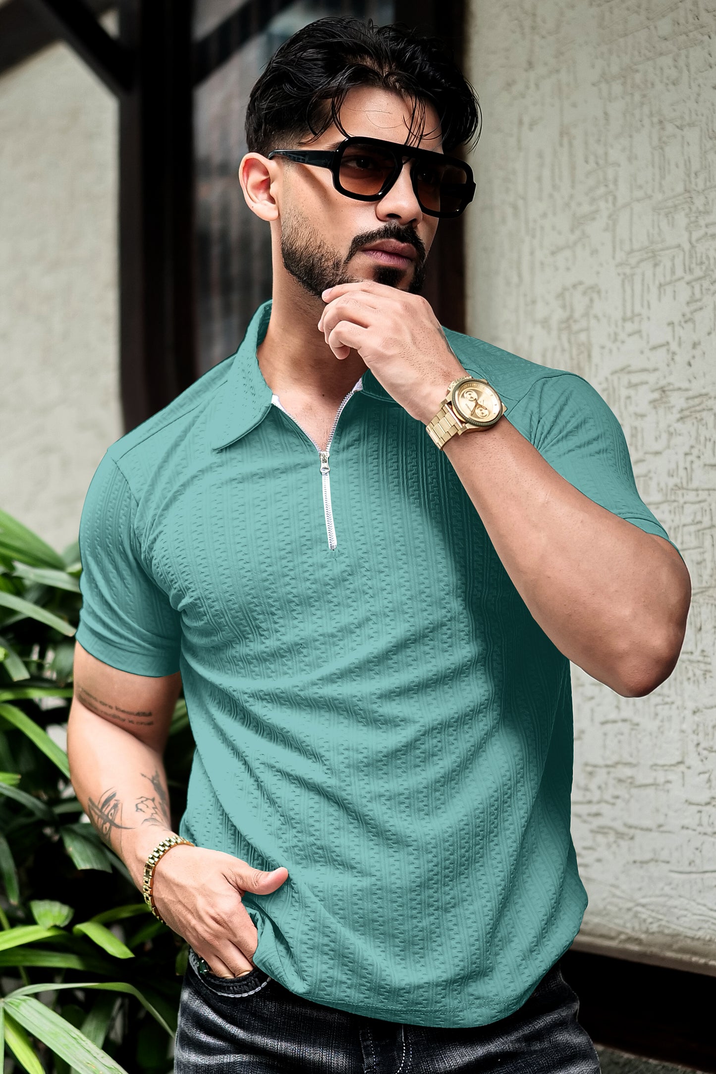 TOM MILTON Aqua Green Color  textured Zipper Polo Collar Polyester  T-shirt
